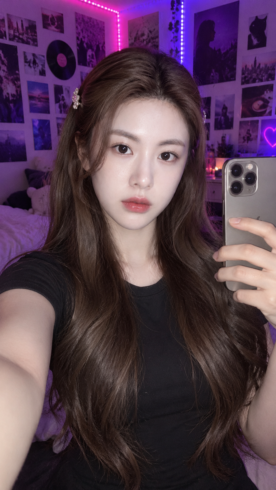 彩色卧室灯光中的闪光灯自拍 — AI image creation