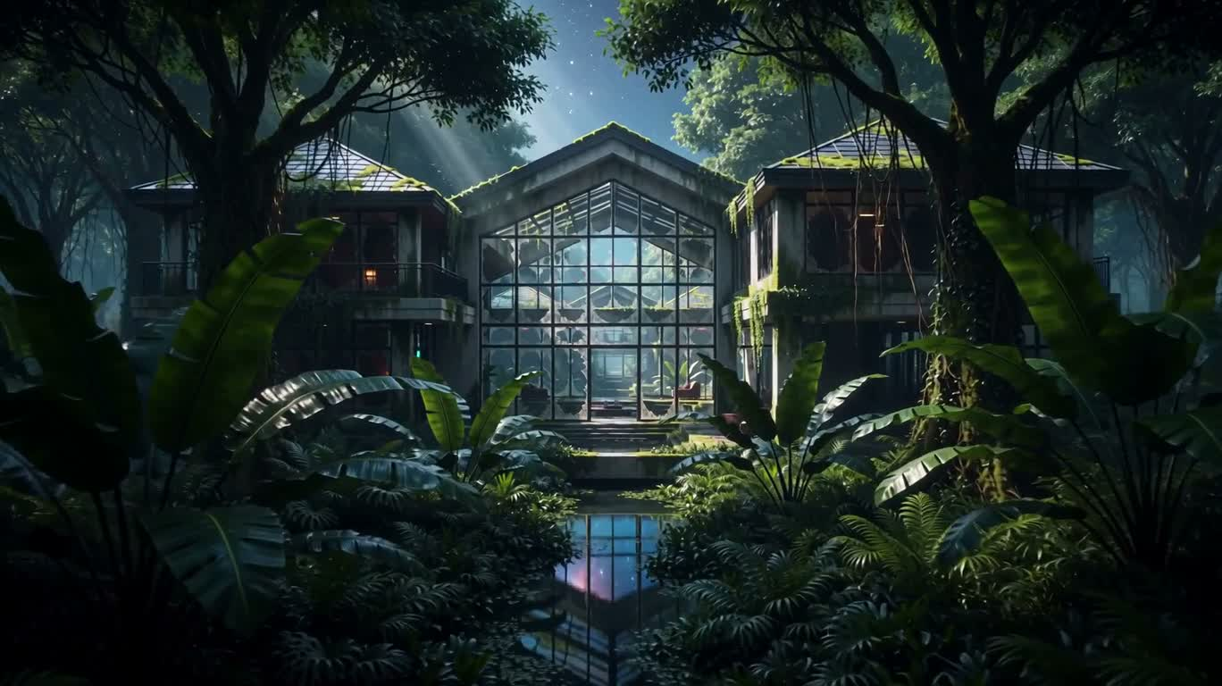 宇宙雨林中的玻璃废墟别墅 — AI video creation