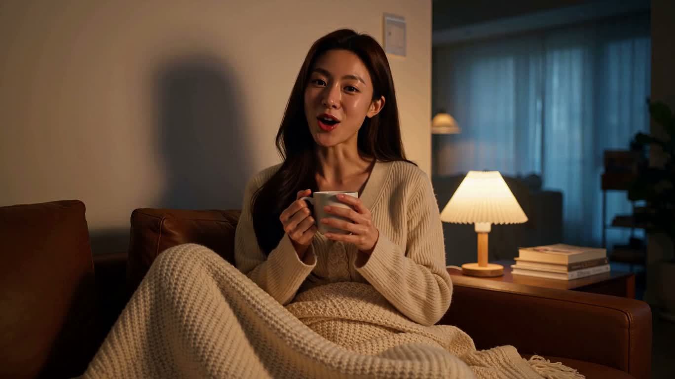 따뜻한 불빛 아래의 밤의 한순간
