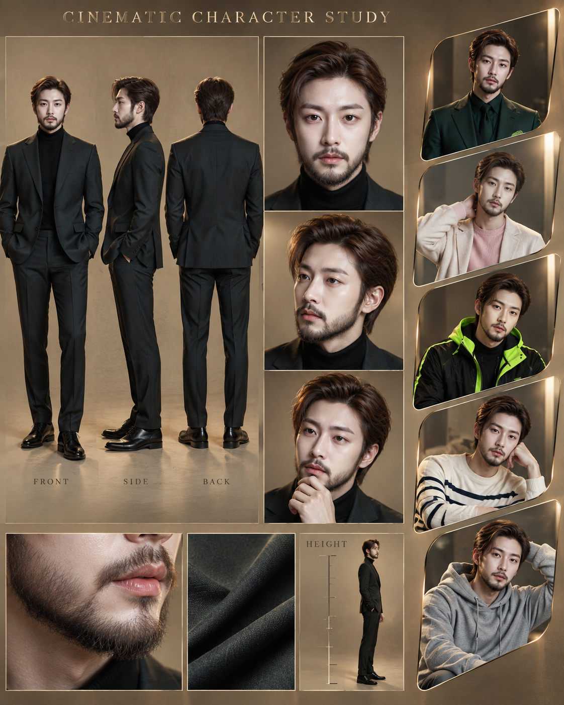 电影概念成年男主角色设计板 — AI image creation