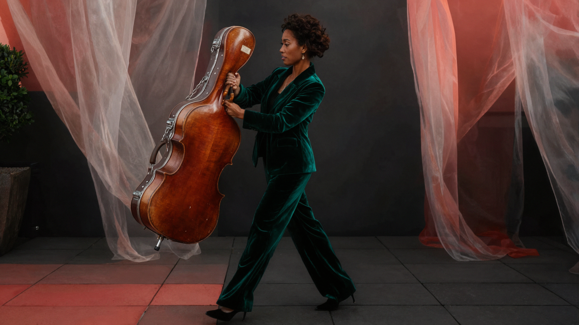 Adult Mixed-Race Female Cellist · Departing from the Case · Cross-Polarization — AI image creation