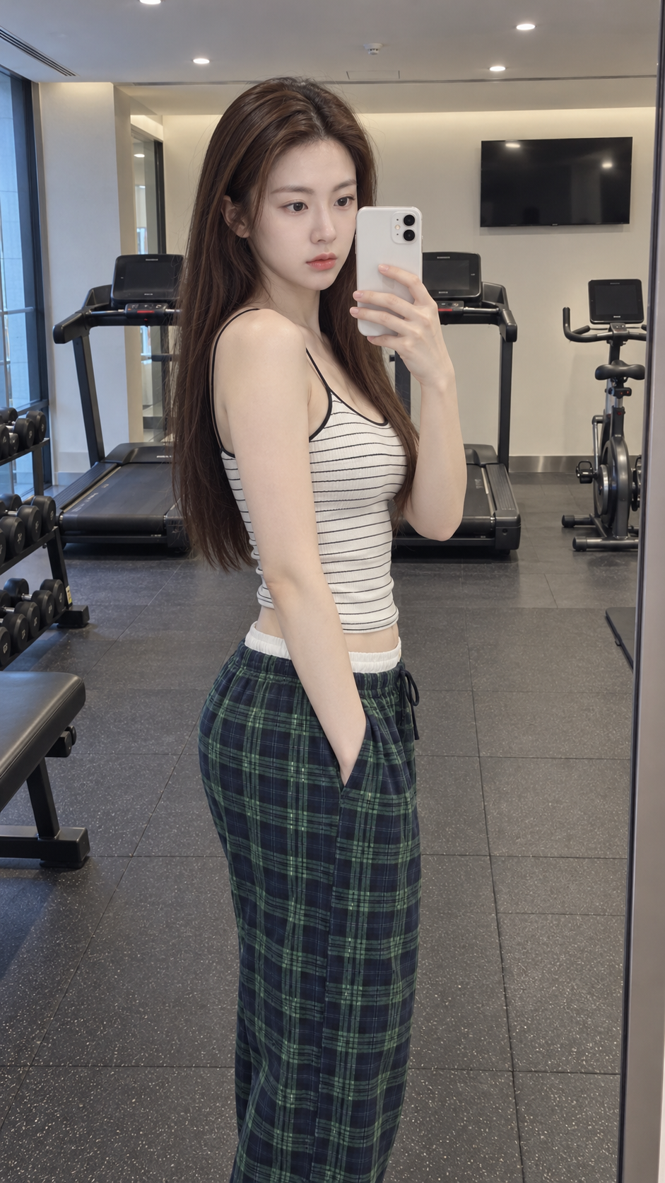 헬스장 거울 앞 성인 여성의 캐주얼 운동 셀카