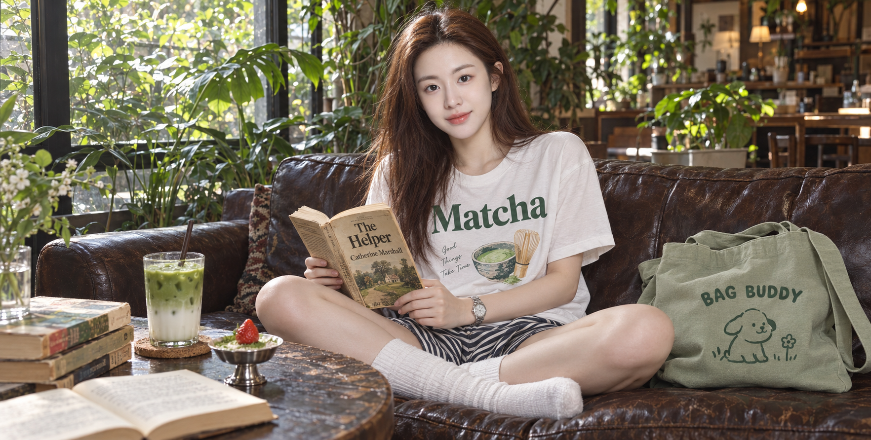 An Adult Woman Reading in a Plant-Filled Café