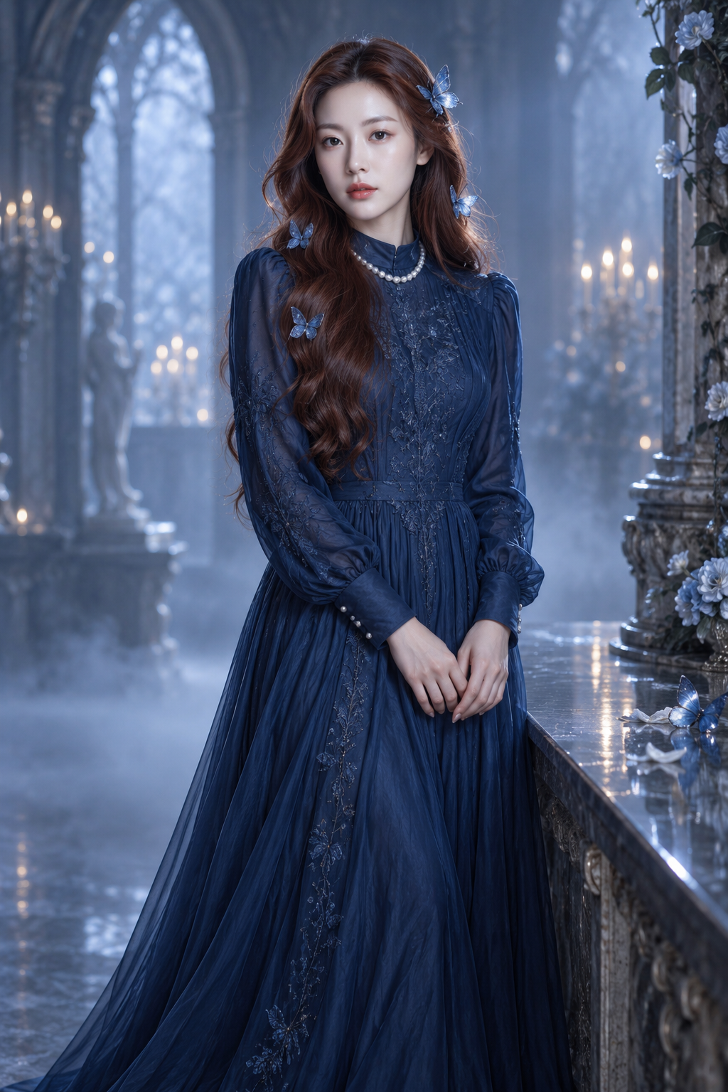 蓝色雾光中的成年女性幻想礼服肖像