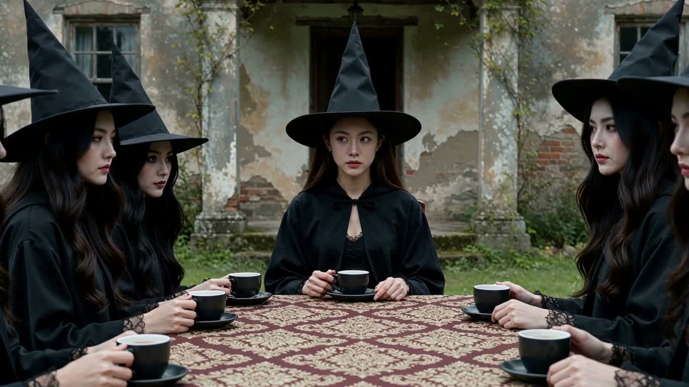 Witch's Tea Party by the Coffee Table in the Old House