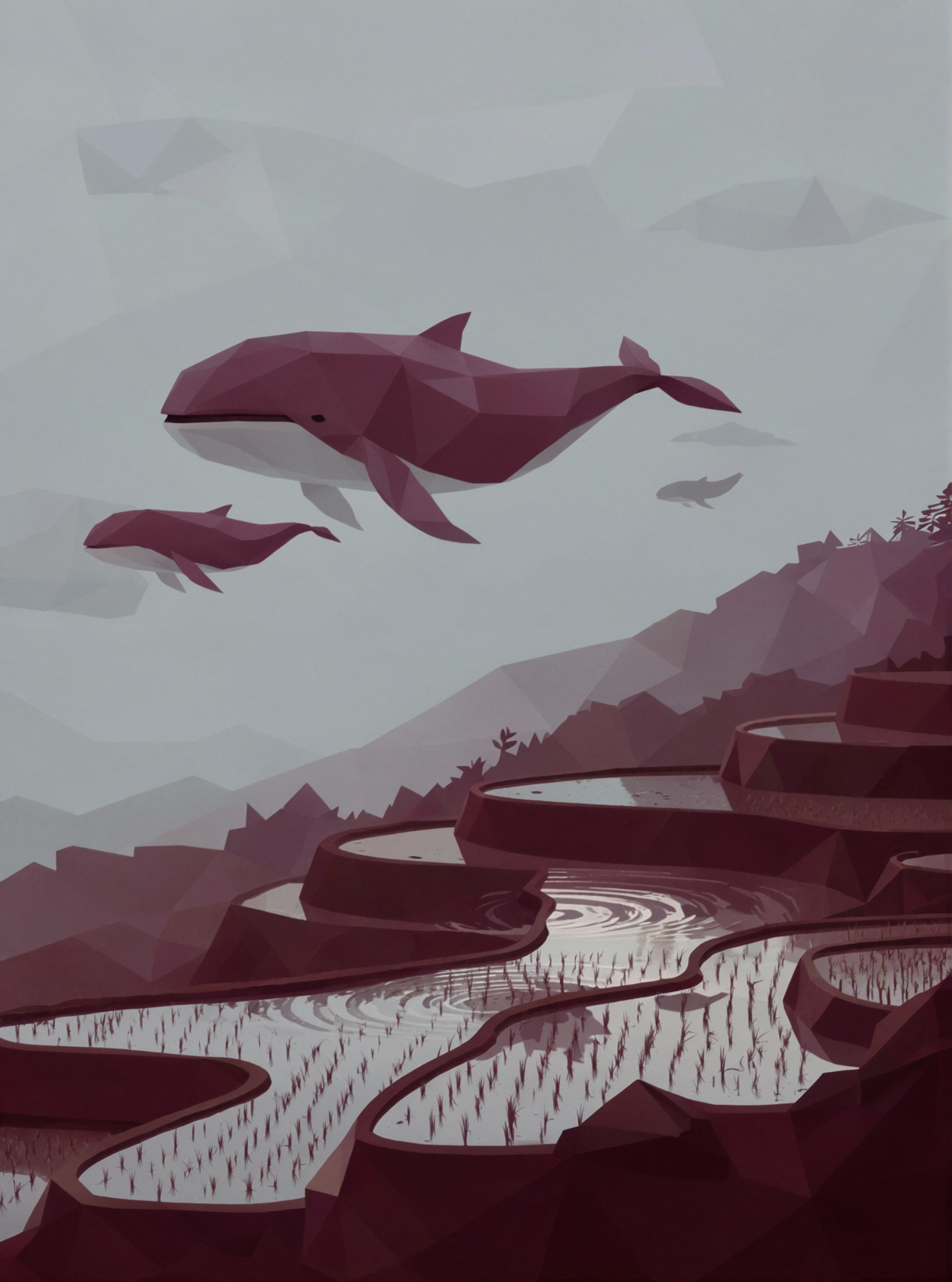 Migration des baleines des nuages · Low Poly — AI image creation