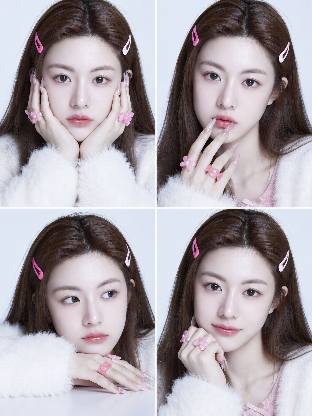 Lưới bốn ô chân dung người phụ nữ trưởng thành với điểm nhấn hồng ngọt ngào cá tính