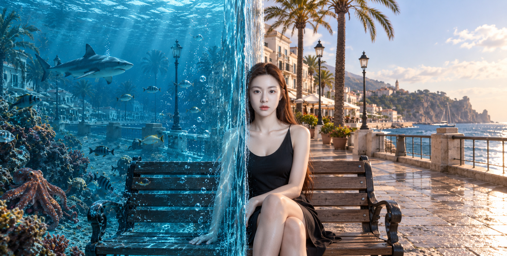 被垂直水墙分开的海陆场景