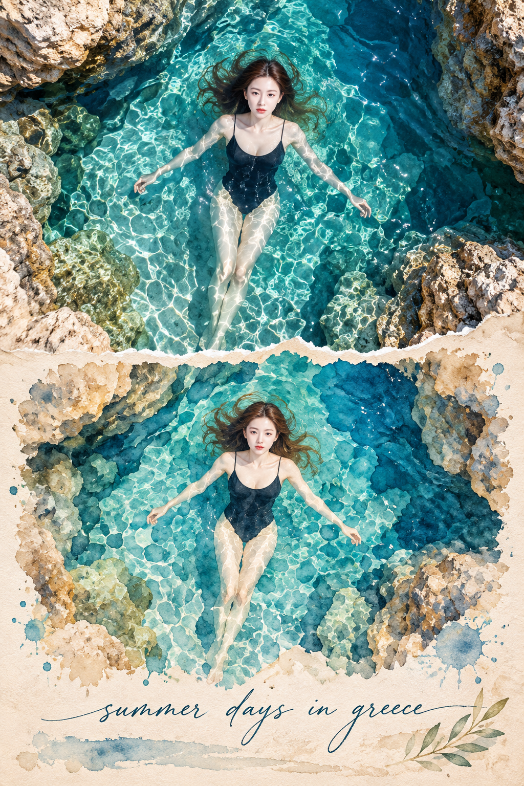 希腊夏日天然泳池的写实与水彩旅行日志海报 — AI image creation