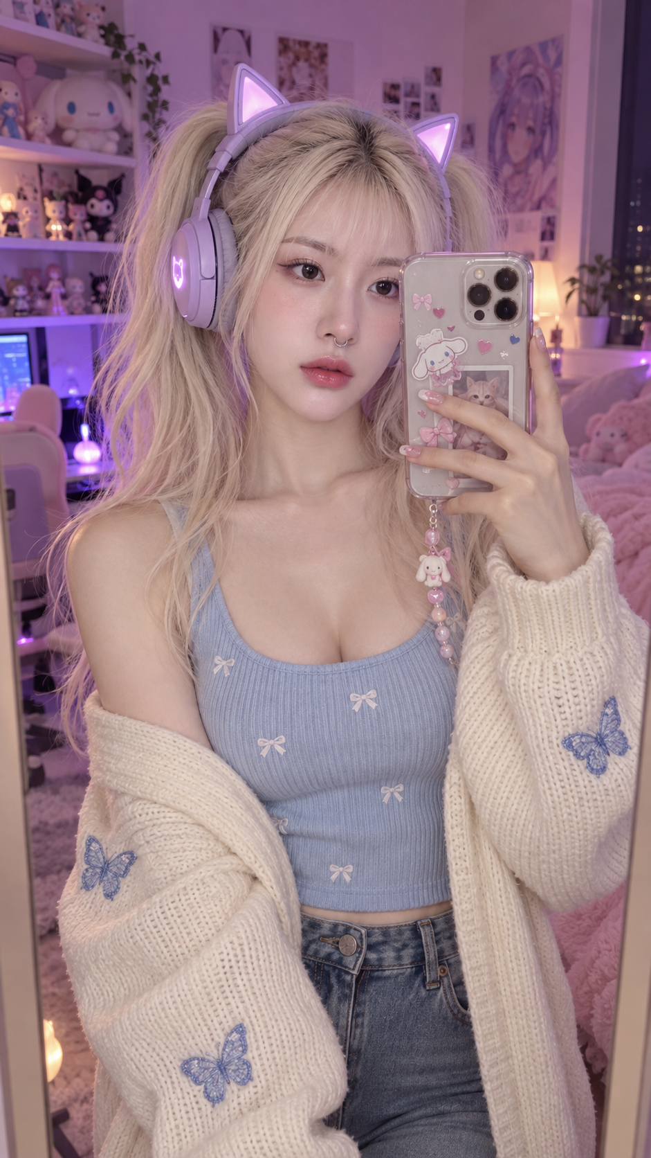 紫光卧室里的成年女性游戏玩家自拍 — AI image creation