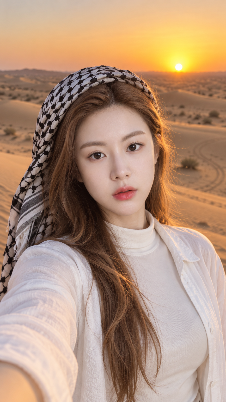 황금 사구의 일몰 속 체크무늬 스카프 초상