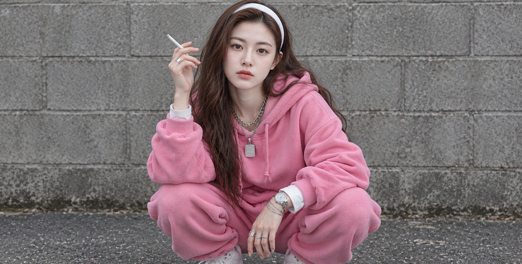 泡泡糖粉运动套装的成年女性街头时尚肖像