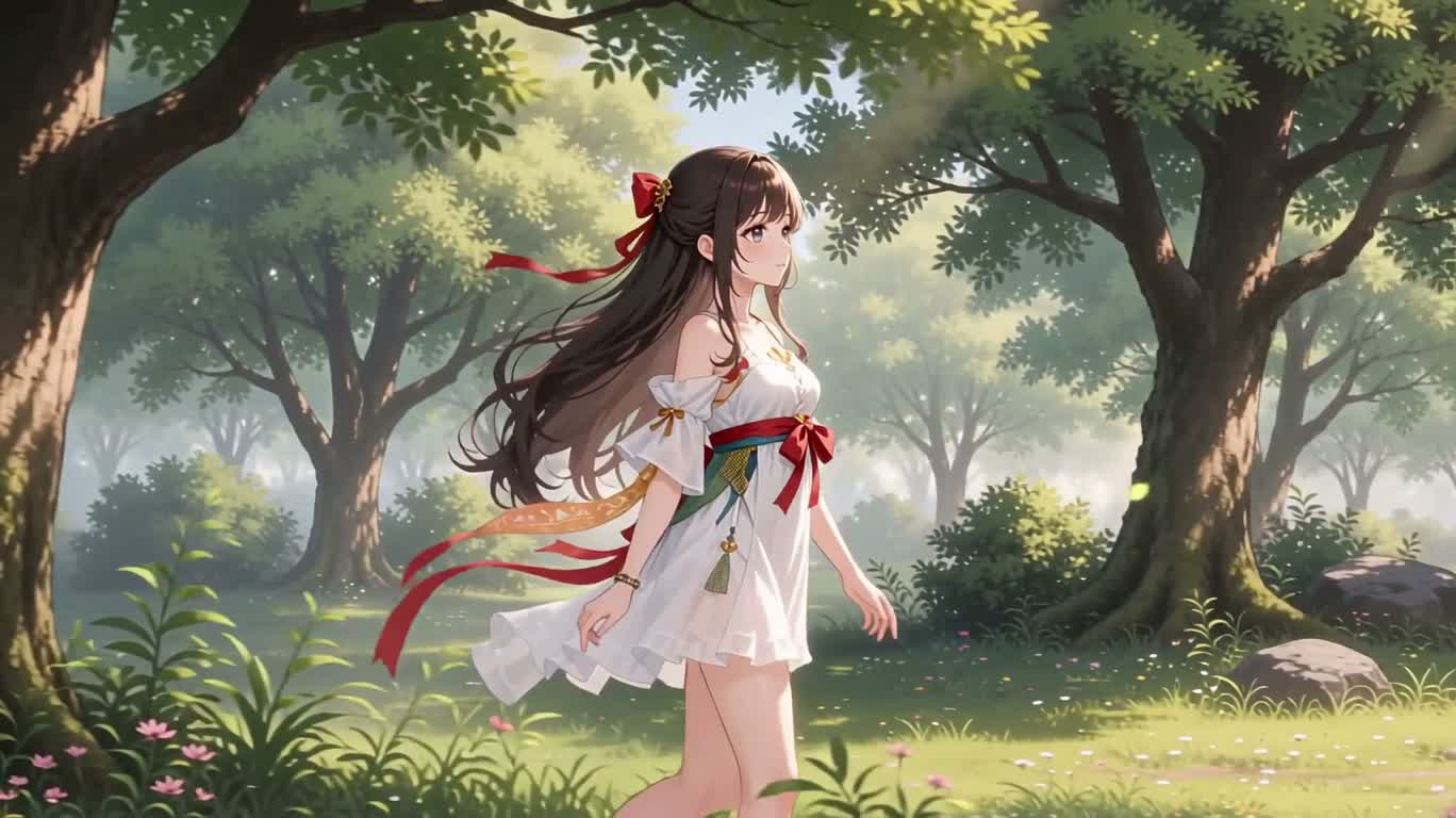 Cô gái anime màu pastel trong khu rừng ngập nắng
