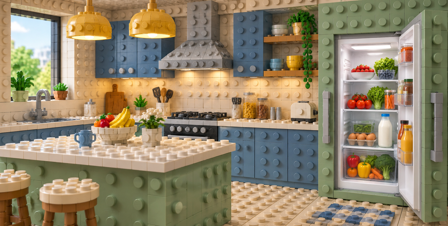 Căn bếp Lego huyền ảo và tủ lạnh đồ ăn thật