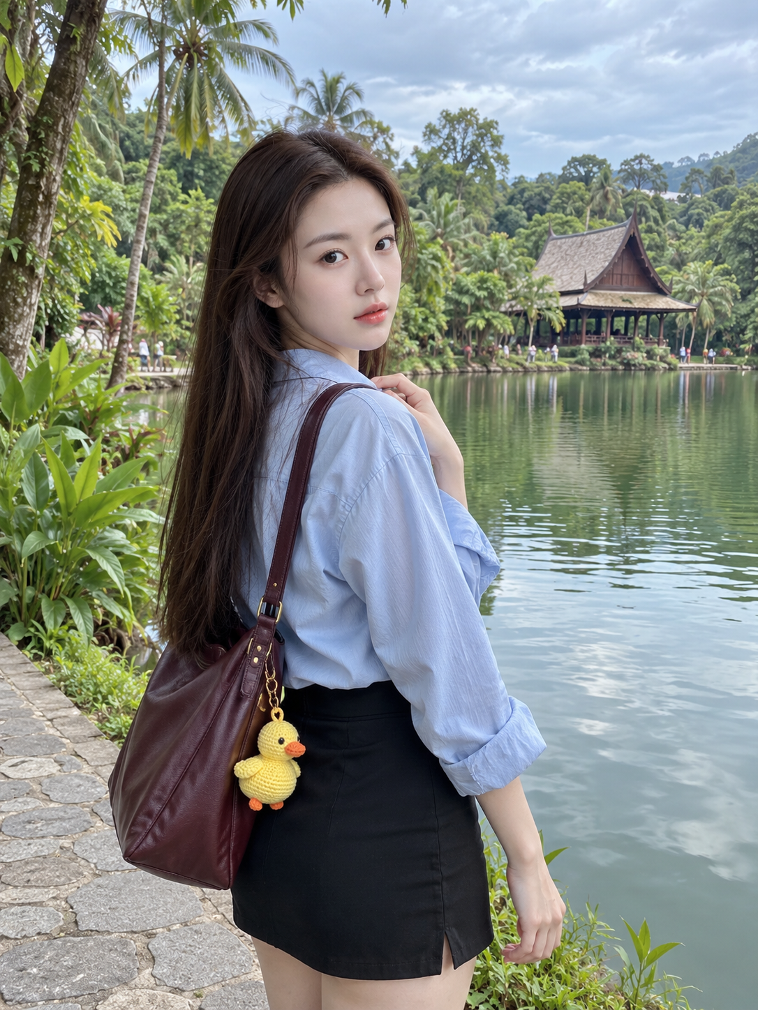 Portrait de voyage d'une femme adulte au téléphone dans un jardin botanique tropical au bord d'un lac — AI image creation