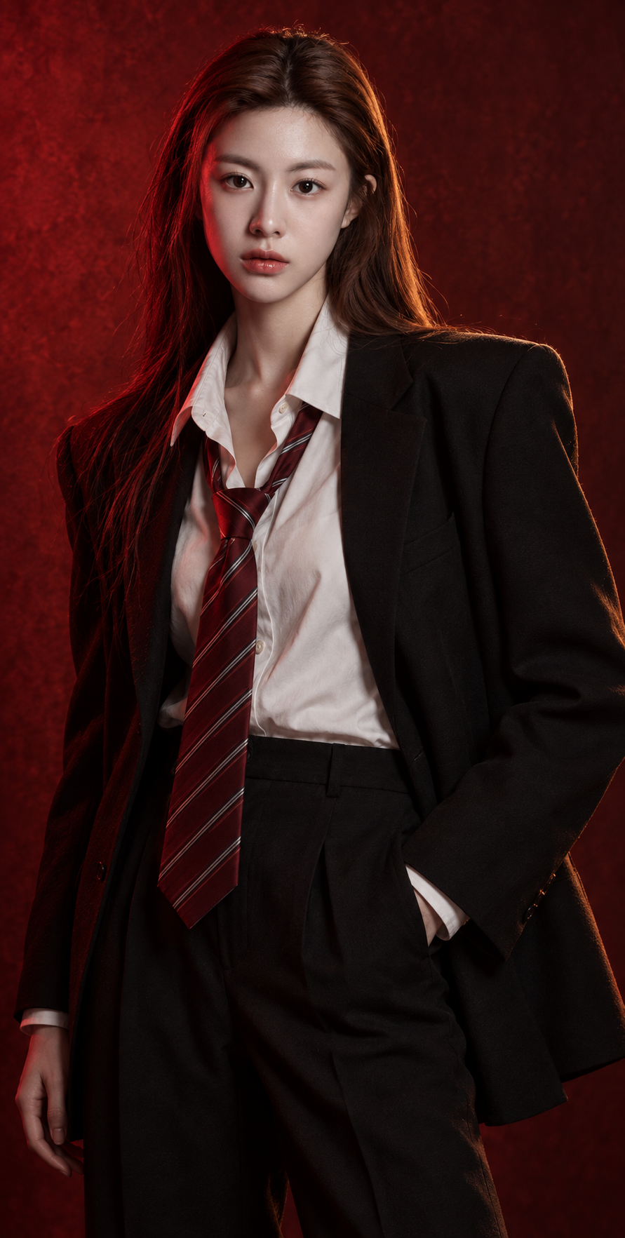East Asian Fashion Portrait in Crimson Chiaroscuro
