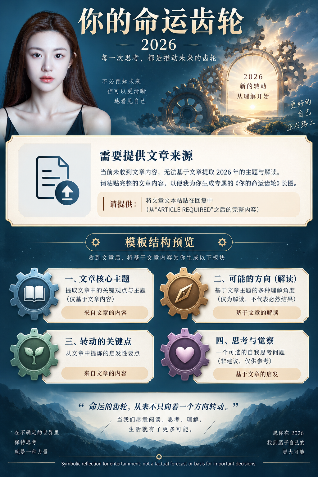 你的命运齿轮：文章驱动的年度象征信息卡 — AI image creation