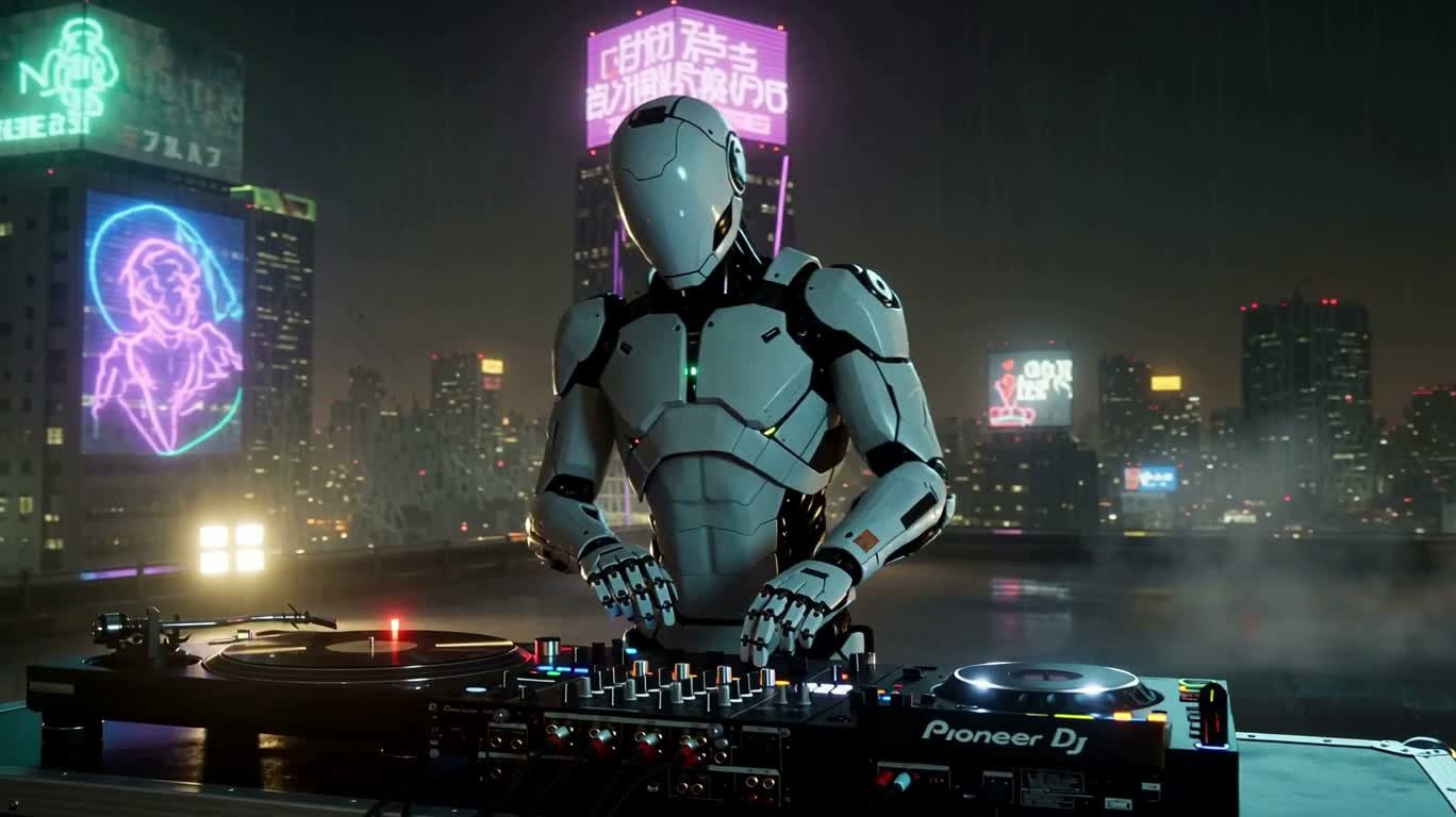 雨の夜、東京の屋上に立つ機械のDJ — AI video creation
