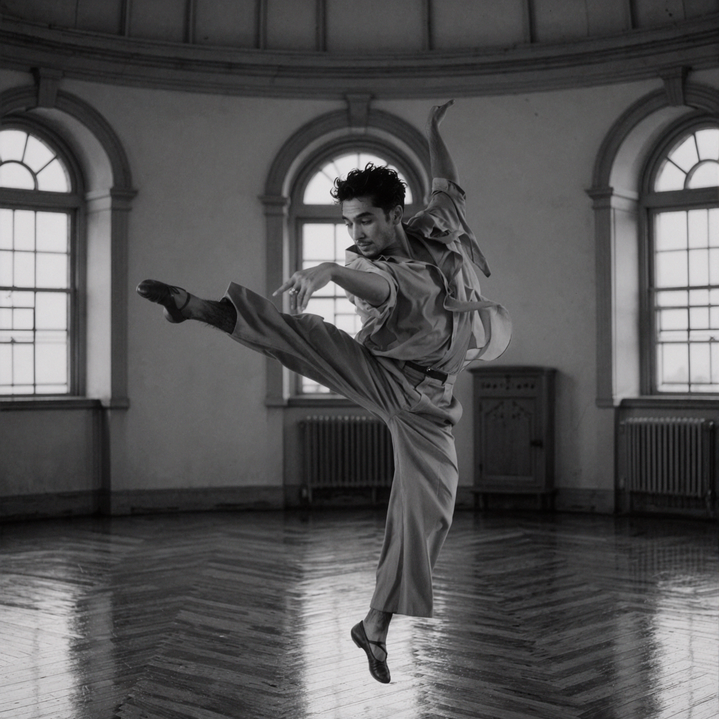 Adult Latino Male Dancer · Spinning Leap · Black-and-White Silver Gelatin — AI image creation