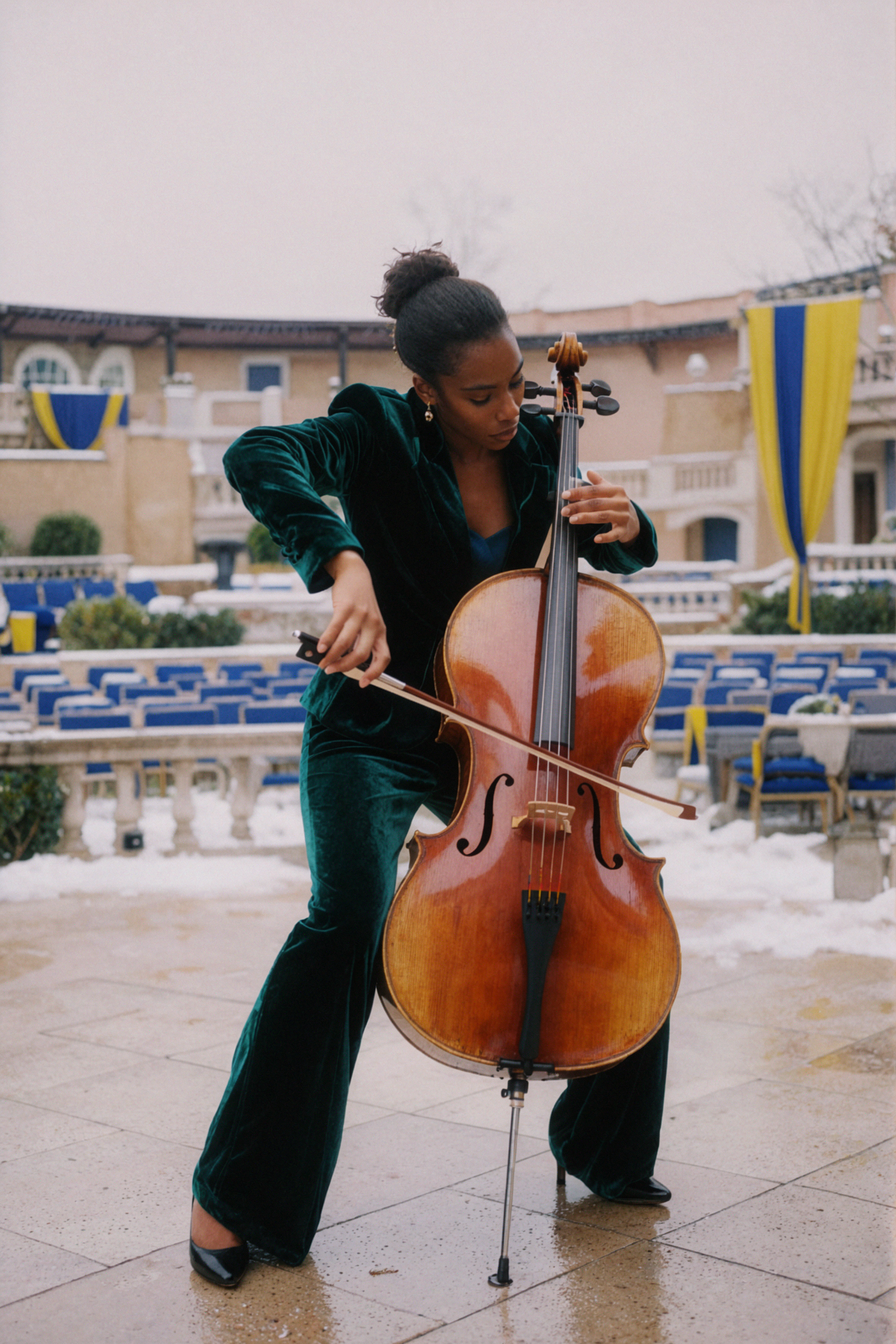 Adult Mixed-Race Female Cellist · Fortissimo · Color Negative Film — AI image creation