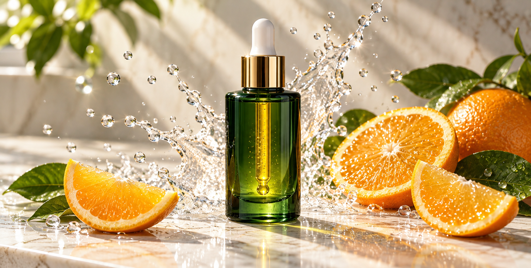 Luxe au soleil : bouteille en verre vert foncé et orange fraîche — AI image creation