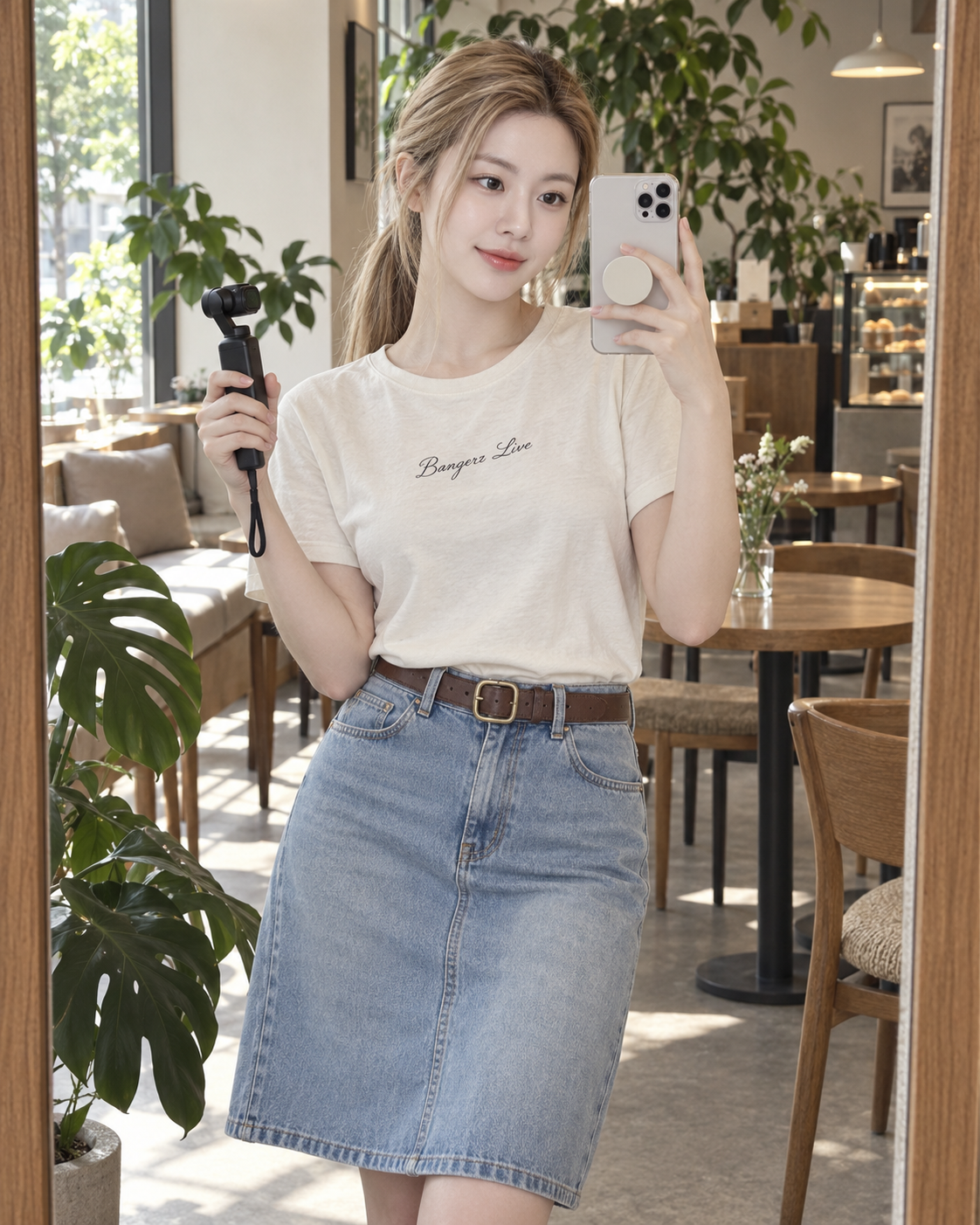 카페 거울 셀피와 스마트폰 짐벌