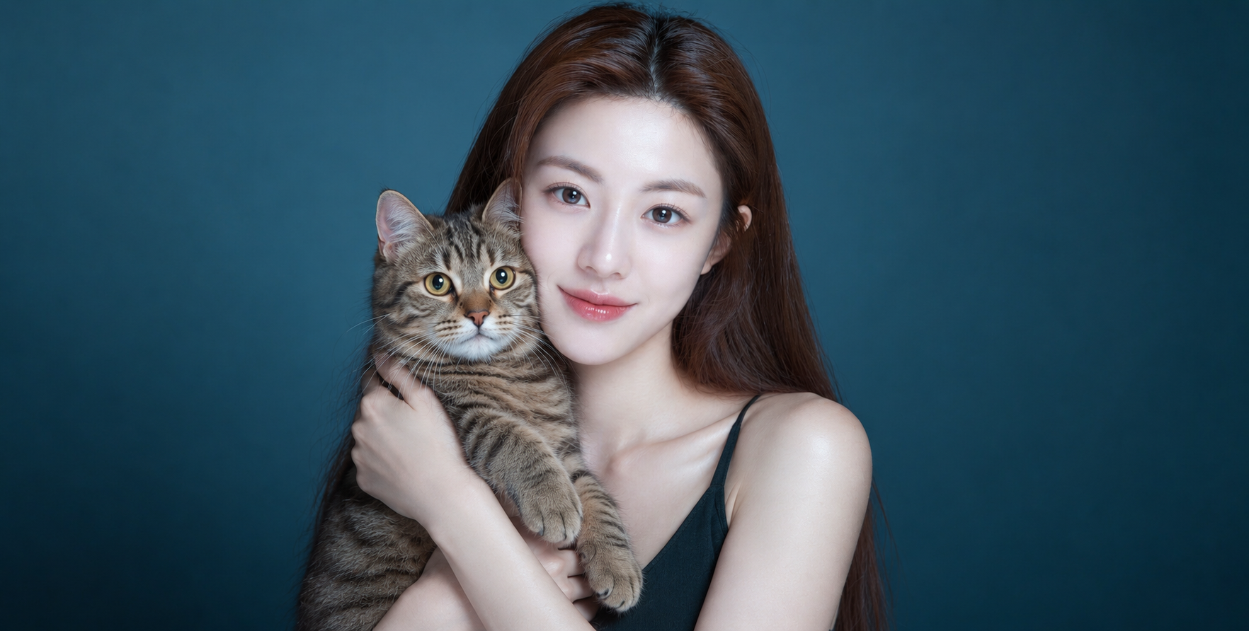ティール色のスタジオでトラ猫を優しく抱く女性の肖像 — AI image creation