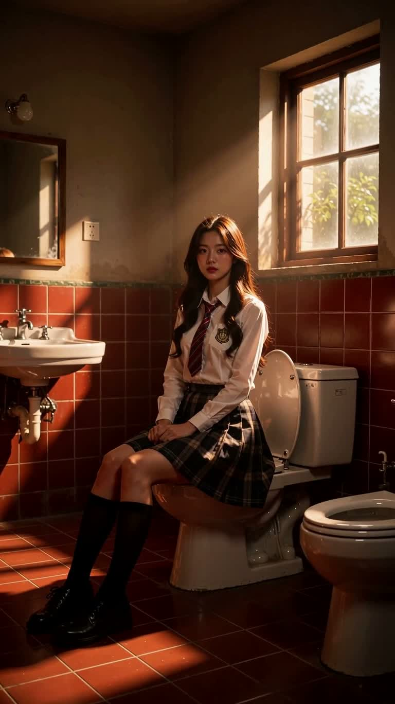 Portrait dans des sanitaires scolaires à la lumière chaude