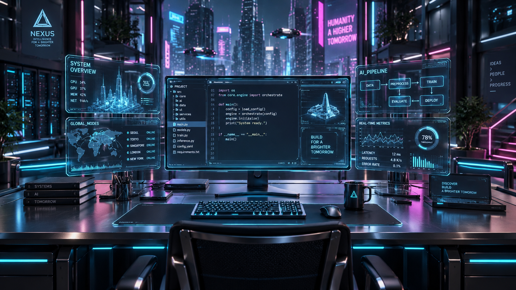 Bàn làm việc mơ mộng với mã ba chiều phong cách cyberpunk