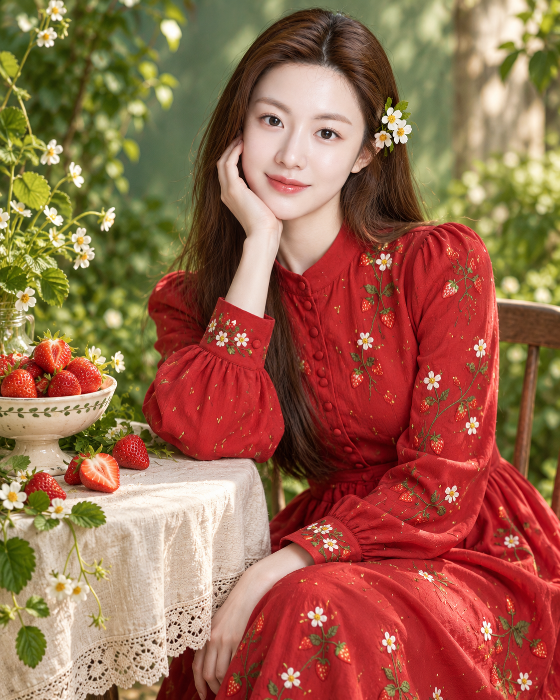 草莓花园灵感的创意时尚肖像 — AI image creation