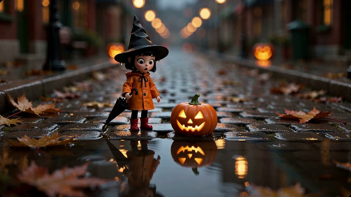 Pumpkin Encounter on a Rainy Night