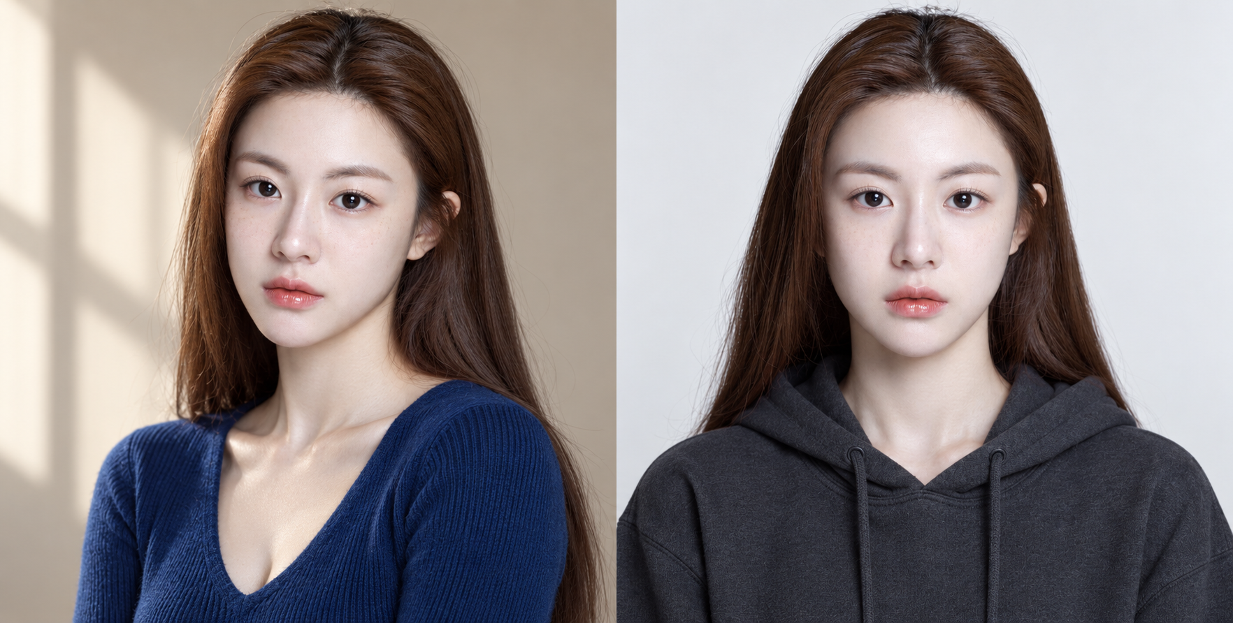Chân dung đôi của cùng một người phụ nữ trưởng thành trong áo xanh và áo hoodie