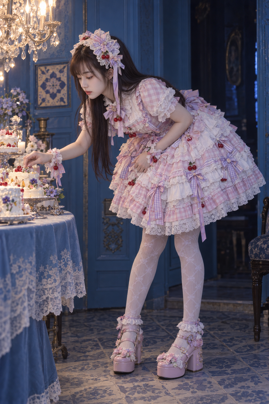 Lolita Portrait Leaning Toward a Cake in a Blue Dessert Room