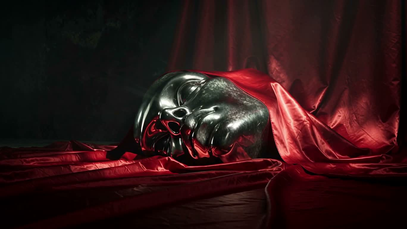 Chrome One-Eyed Statue on Red Silk — AI video creation