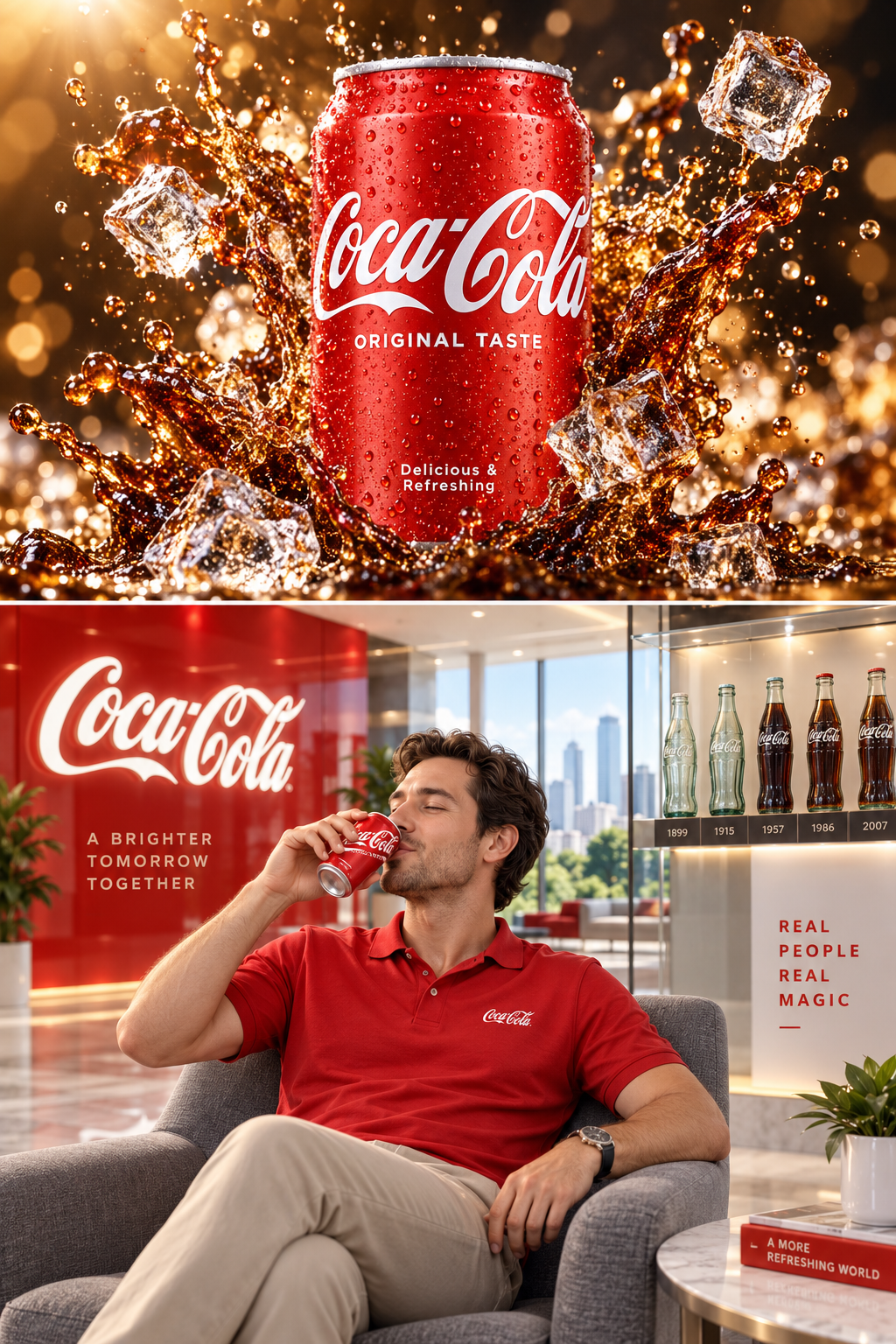 ロビーで赤い缶コーラを飲む活気の瞬間