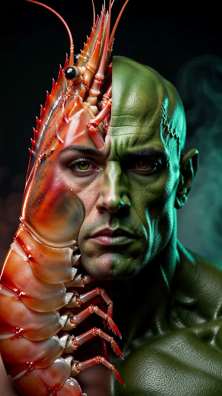 Portrait de la fusion entre crevette rose et géant vert — AI video creation