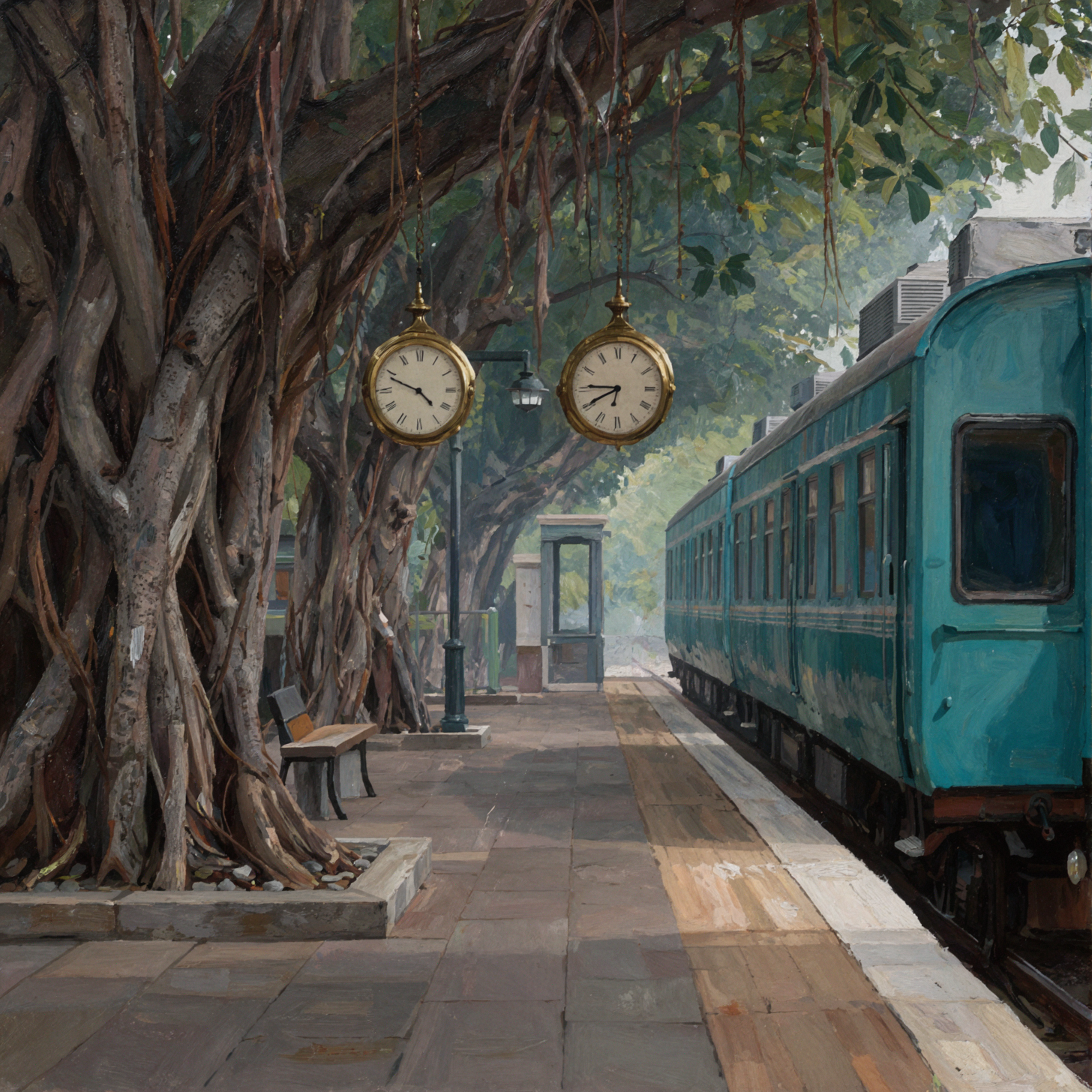 Gare de l'arbre ancien · Peinture à l'huile classique