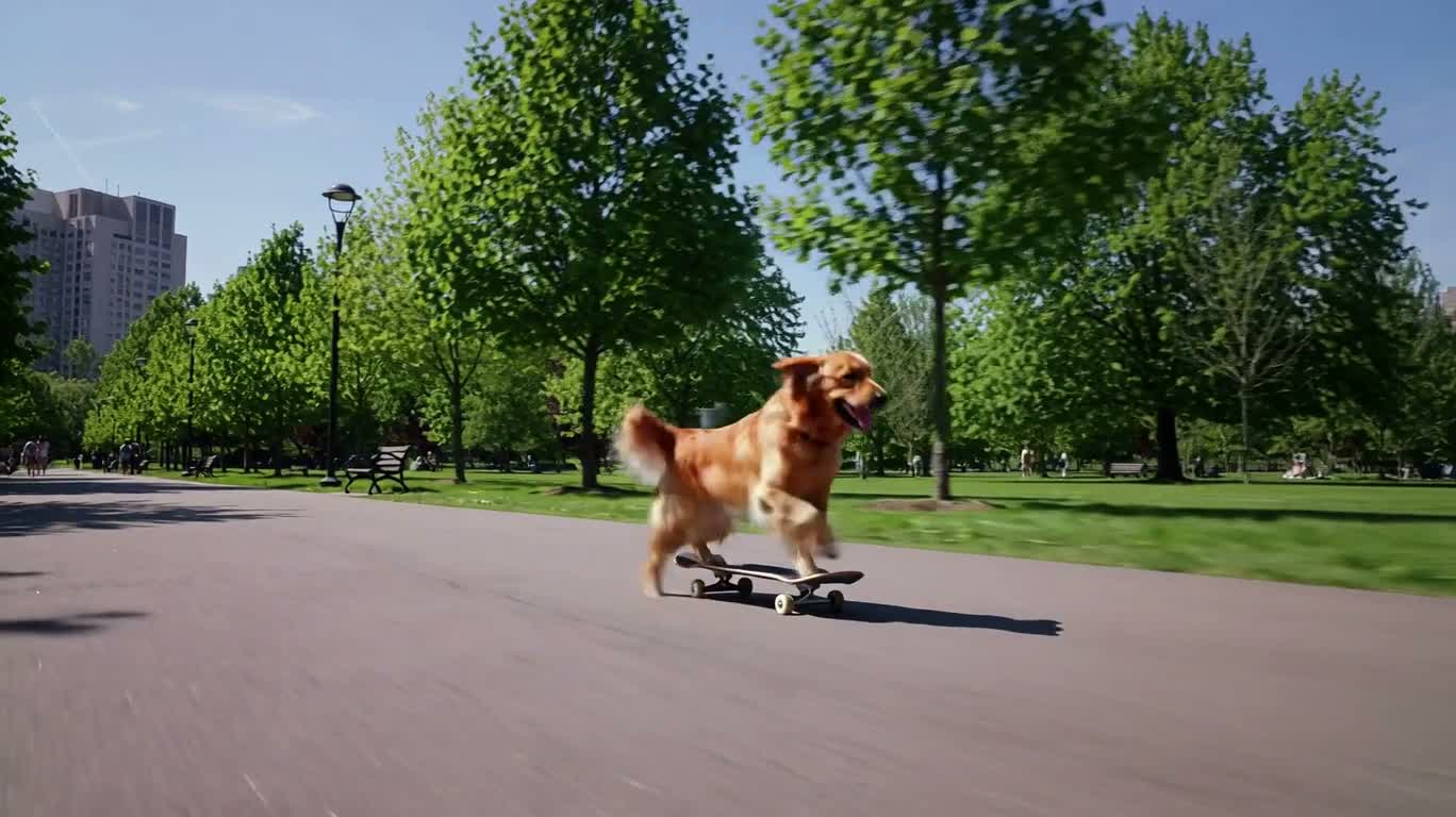Golden Retriever Skateboarding in Sunny Park — AI video creation