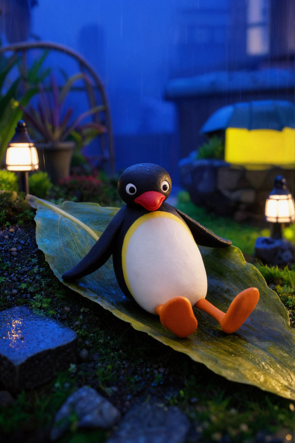 Pingu Penguin · Gliding Through Falling Leaves · Wide-Angle Close-Up — AI image creation