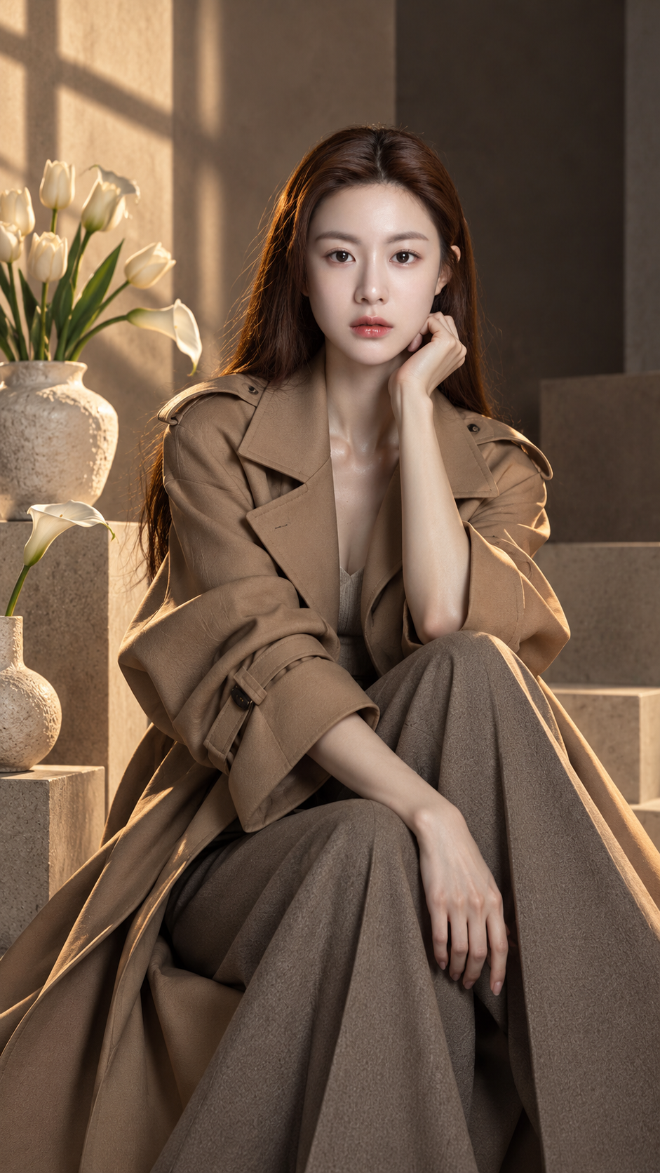 驼色风衣的高级时装编辑大片 — AI image creation