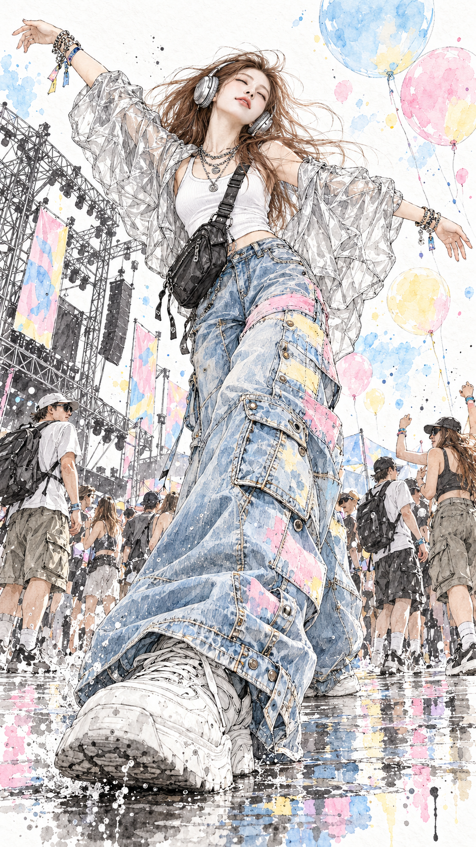 音乐节舞蹈成年女性水墨水彩插画 — AI image creation
