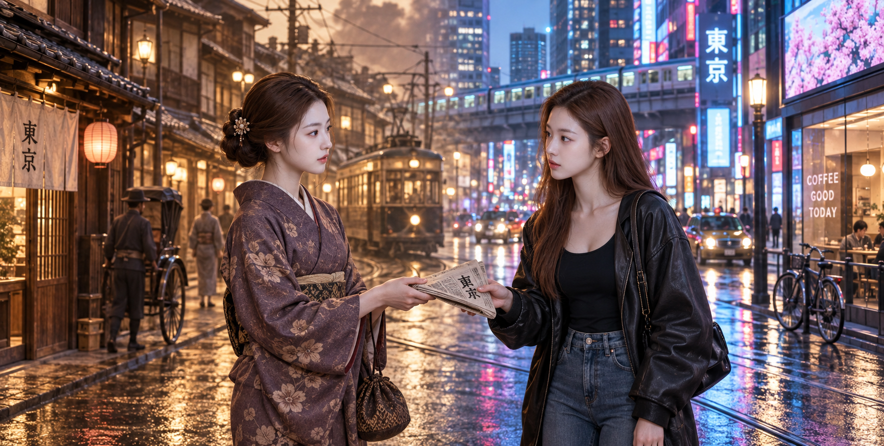 백 년을 넘나드는 도쿄 거리의 시공간 대화 — AI image creation