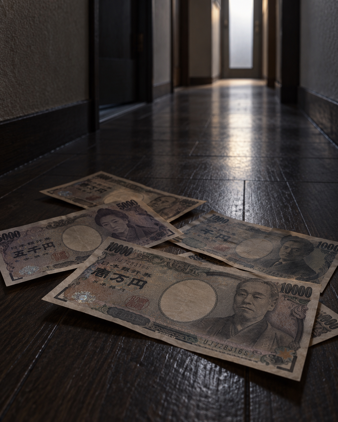 薄暗い廊下に散らばる円札
