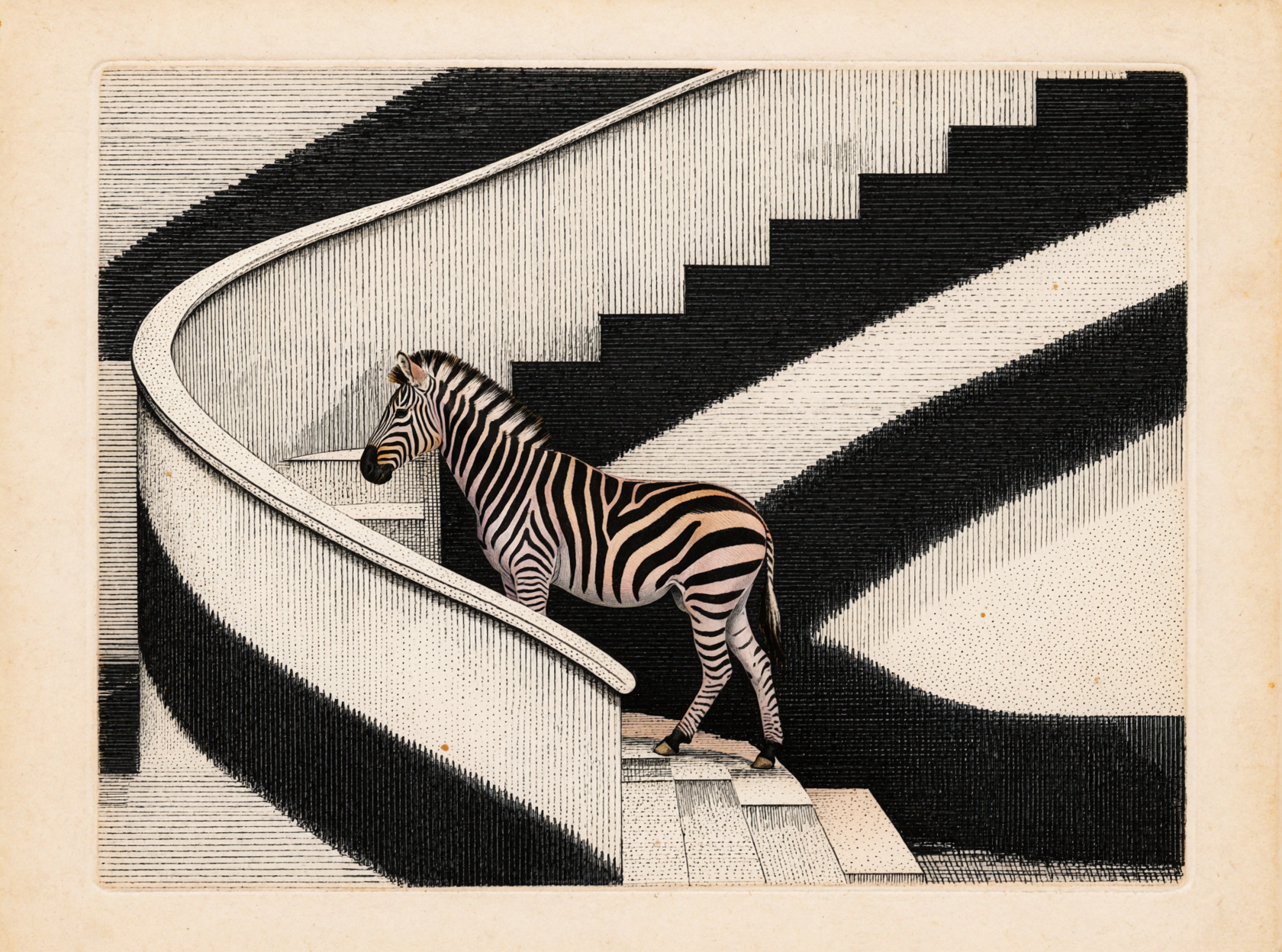 Escalier zébré noir et blanc · Eau-forte sur plaque de plomb — AI image creation