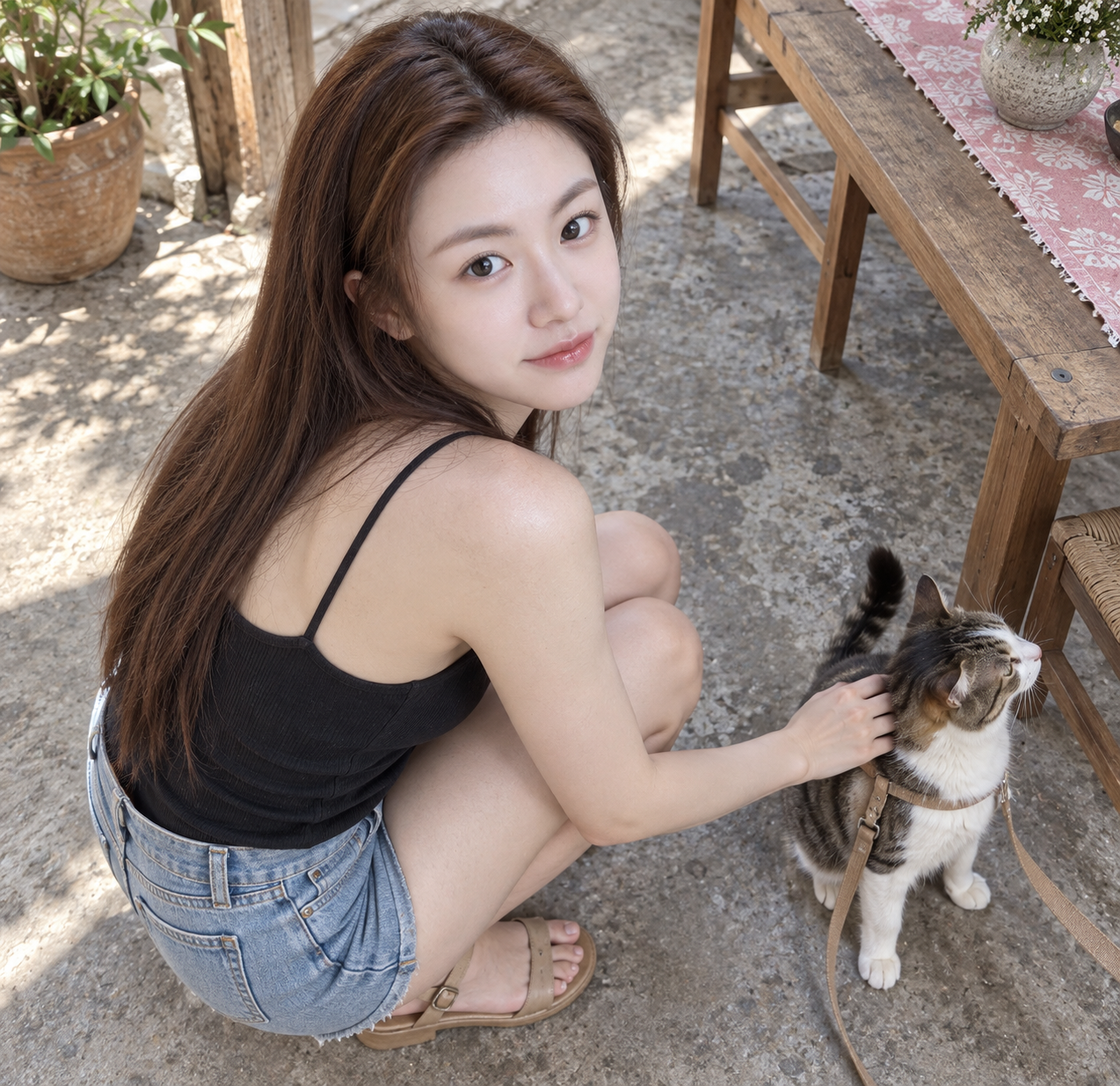 Người phụ nữ trưởng thành ngoái nhìn chú mèo vàng trong sân