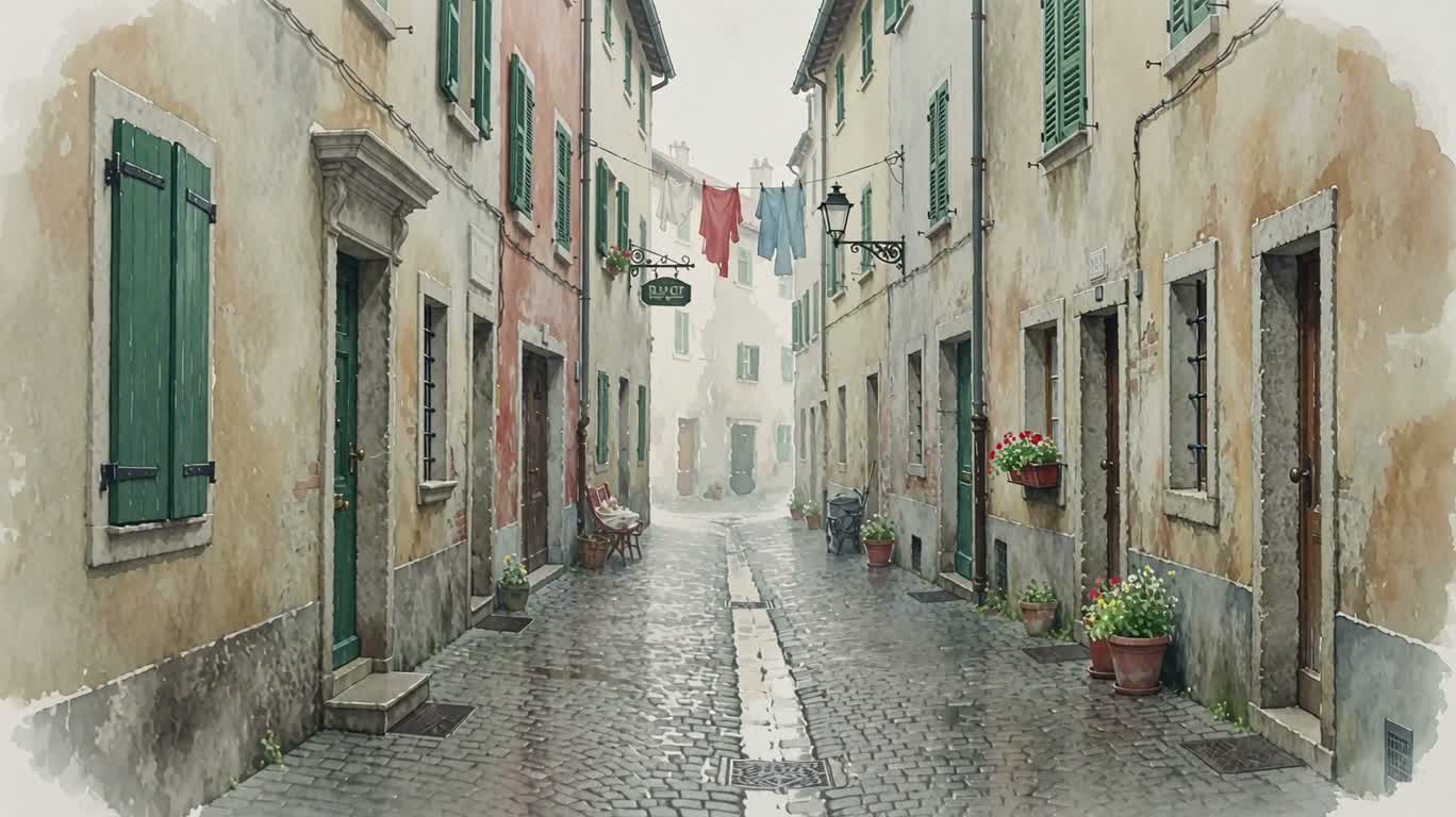 Ruelle à l'aquarelle après la pluie