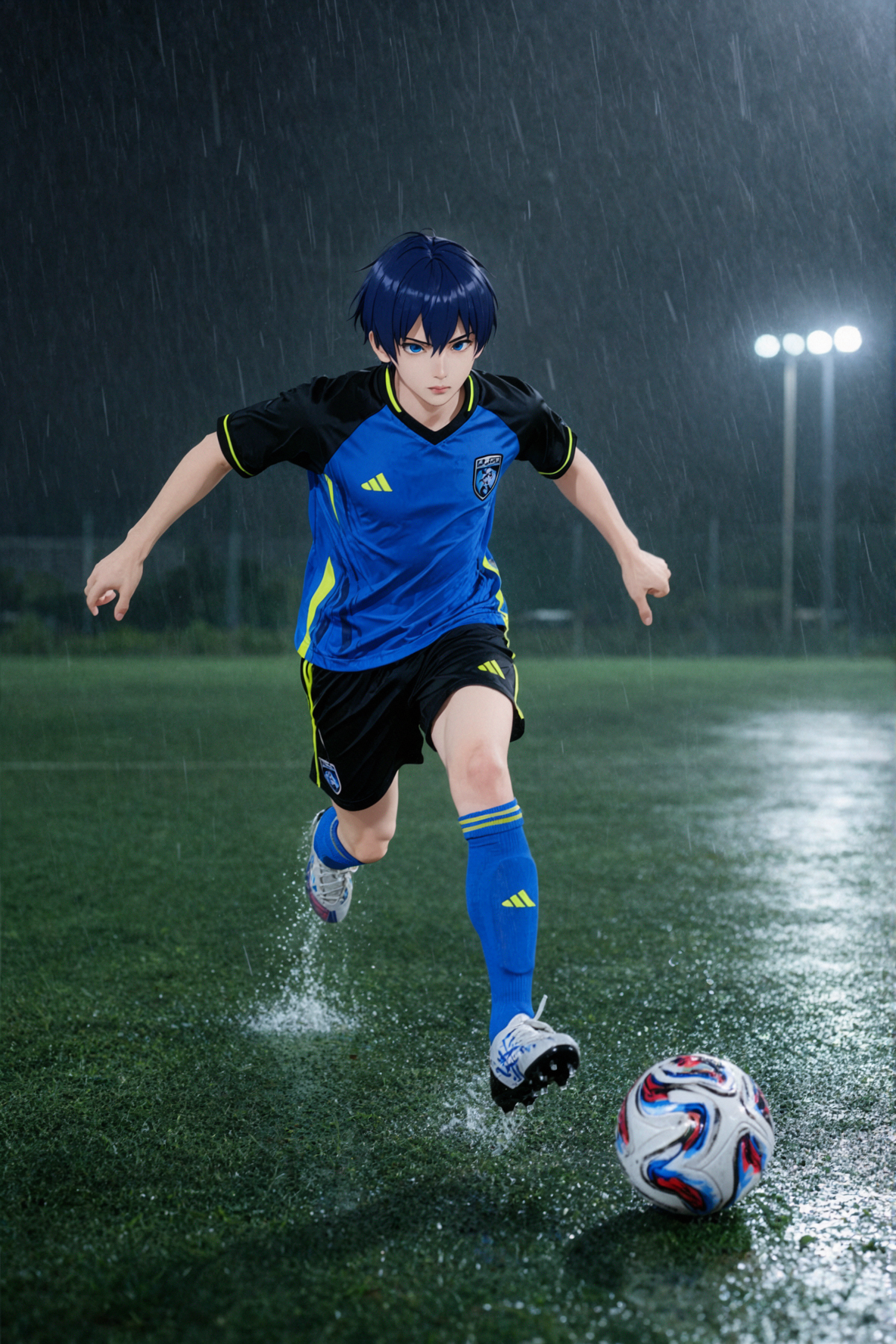 Isagi Yoichi · Sprint in the Rain · Fashion Editorial — AI image creation