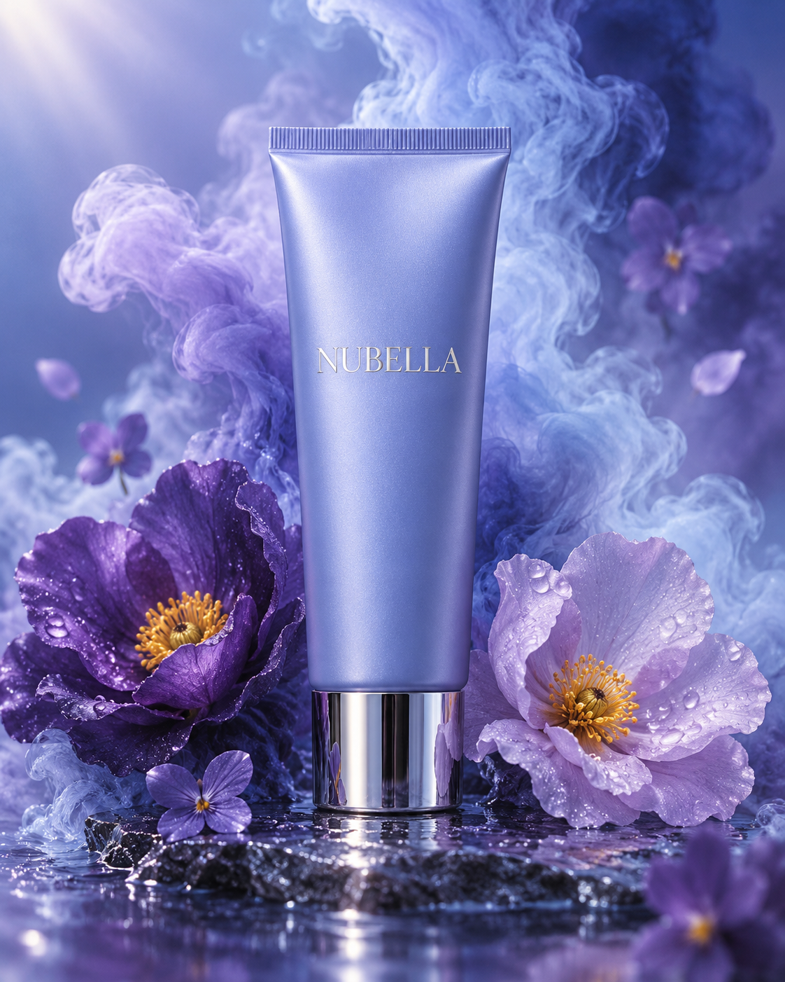 蓝紫墨雾与花卉环绕的NUBELLA护肤广告 — AI image creation