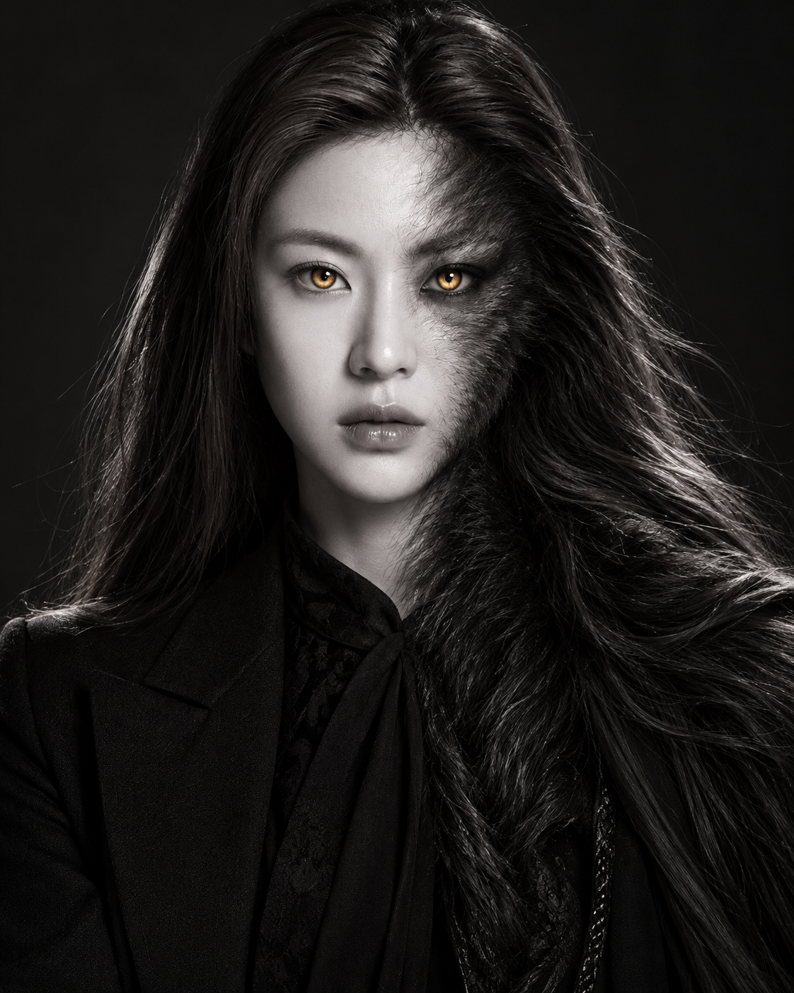 黑白光影下的职场女性与魅魔超现实融合