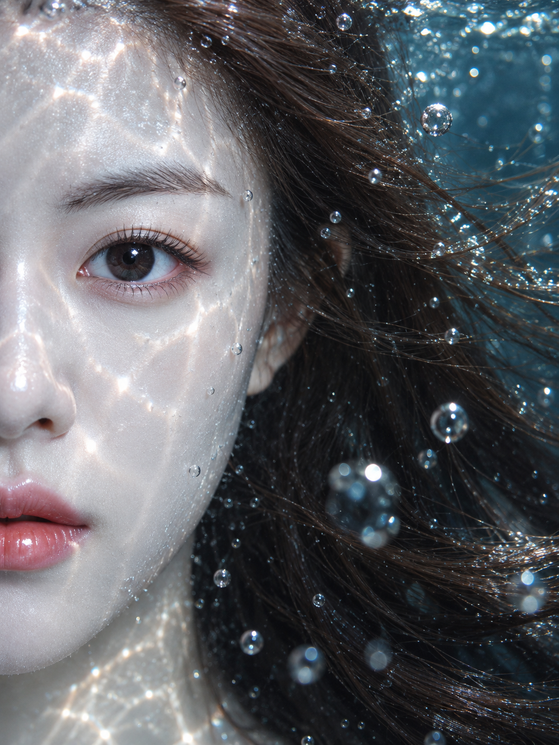 成年女性水下半脸微距肖像 — AI image creation